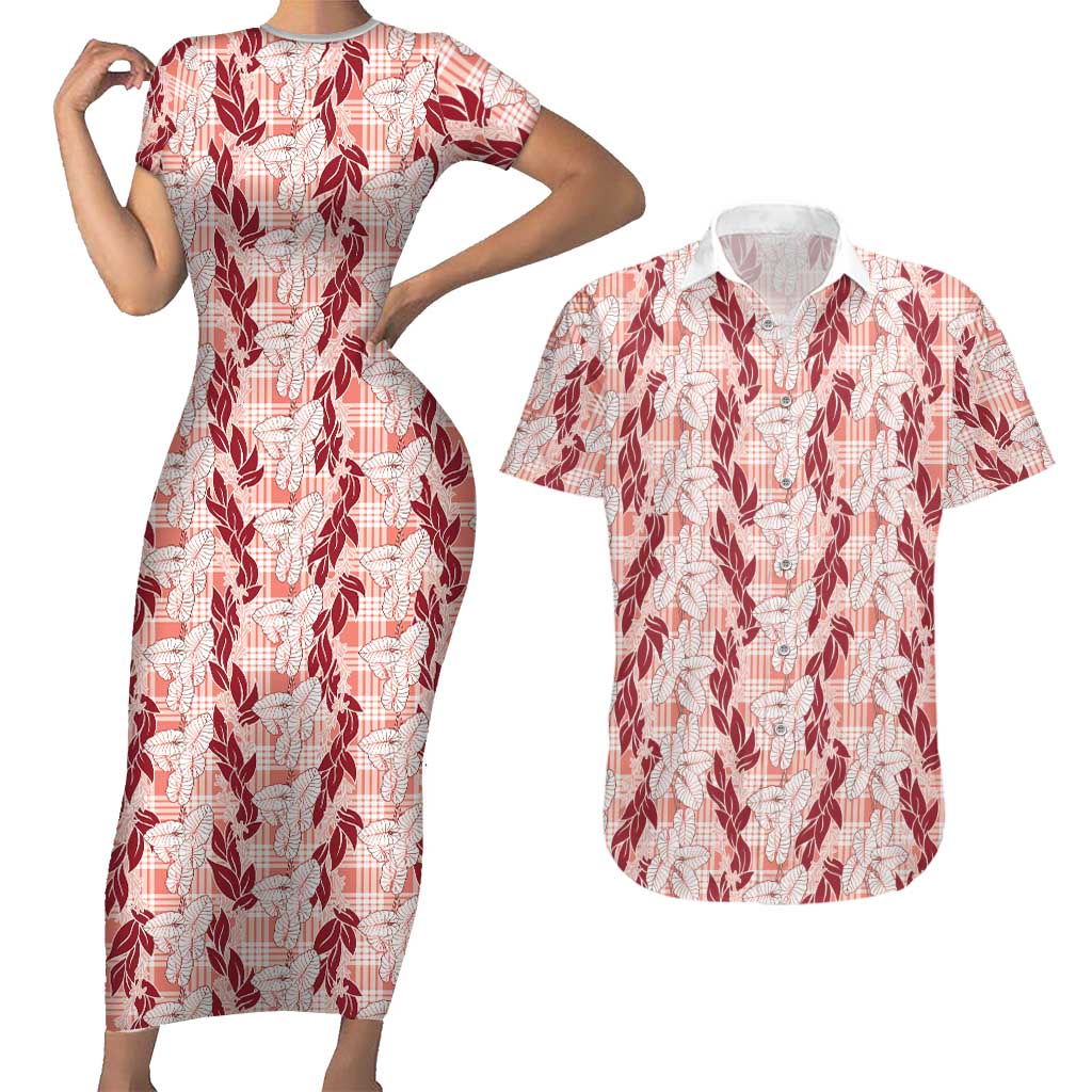 Hawaii Ti Leaf Maile Tuberose Lei Couples Matching Short Sleeve Bodycon Dress and Hawaiian Shirt With Hanalei Leaf Red