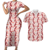 Hawaii Ti Leaf Maile Tuberose Lei Couples Matching Short Sleeve Bodycon Dress and Hawaiian Shirt With Hanalei Leaf Red