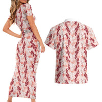 Hawaii Ti Leaf Maile Tuberose Lei Couples Matching Short Sleeve Bodycon Dress and Hawaiian Shirt With Hanalei Leaf Red