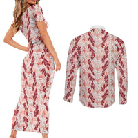 Hawaii Ti Leaf Maile Tuberose Lei Couples Matching Short Sleeve Bodycon Dress and Long Sleeve Button Shirt With Hanalei Leaf Red