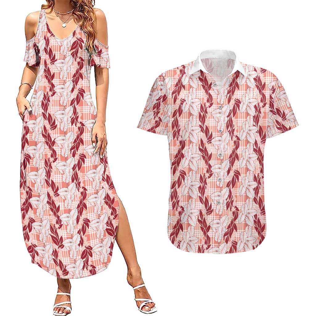Hawaii Ti Leaf Maile Tuberose Lei Couples Matching Summer Maxi Dress and Hawaiian Shirt With Hanalei Leaf Red