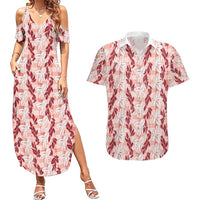 Hawaii Ti Leaf Maile Tuberose Lei Couples Matching Summer Maxi Dress and Hawaiian Shirt With Hanalei Leaf Red