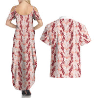 Hawaii Ti Leaf Maile Tuberose Lei Couples Matching Summer Maxi Dress and Hawaiian Shirt With Hanalei Leaf Red