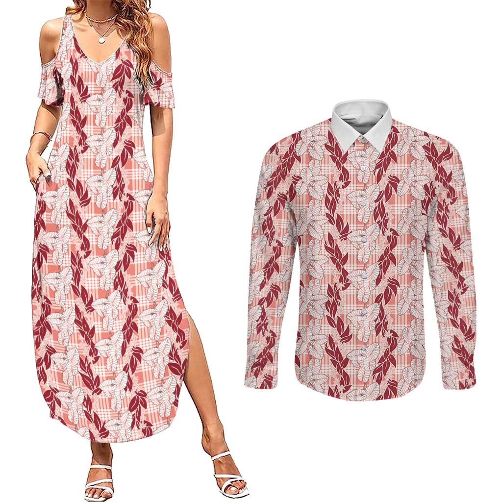 Hawaii Ti Leaf Maile Tuberose Lei Couples Matching Summer Maxi Dress and Long Sleeve Button Shirt With Hanalei Leaf Red