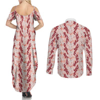 Hawaii Ti Leaf Maile Tuberose Lei Couples Matching Summer Maxi Dress and Long Sleeve Button Shirt With Hanalei Leaf Red