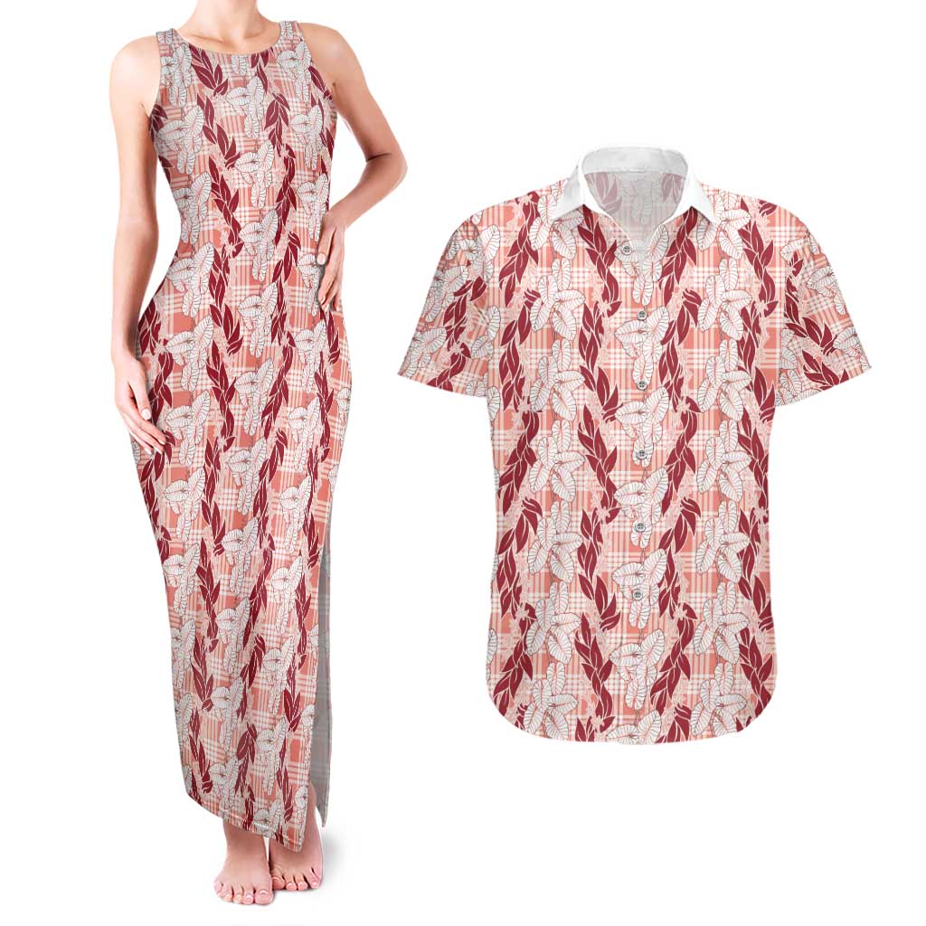 Hawaii Ti Leaf Maile Tuberose Lei Couples Matching Tank Maxi Dress and Hawaiian Shirt With Hanalei Leaf Red