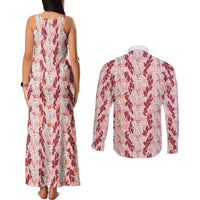 Hawaii Ti Leaf Maile Tuberose Lei Couples Matching Tank Maxi Dress and Long Sleeve Button Shirt With Hanalei Leaf Red