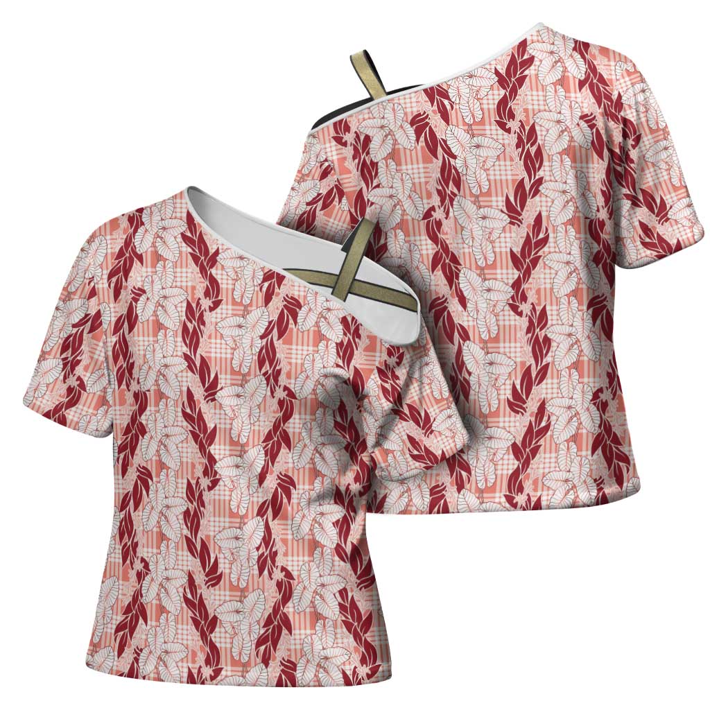 Hawaii Ti Leaf Maile Tuberose Lei Cross Shoulder Shirt With Hanalei Leaf Red