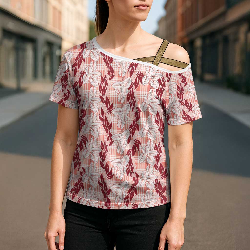 Hawaii Ti Leaf Maile Tuberose Lei Cross Shoulder Shirt With Hanalei Leaf Red