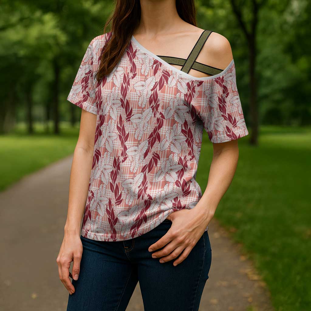Hawaii Ti Leaf Maile Tuberose Lei Cross Shoulder Shirt With Hanalei Leaf Red