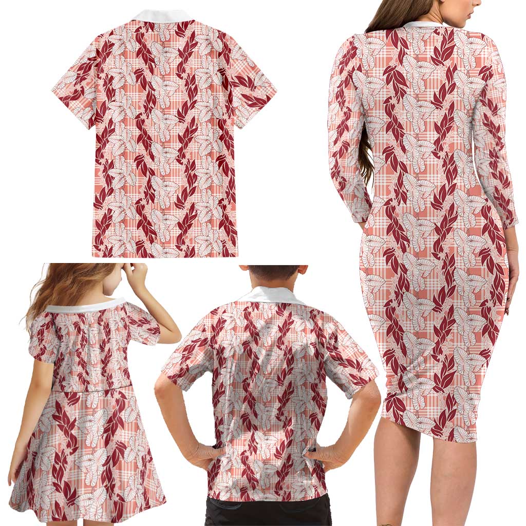 Hawaii Ti Leaf Maile Tuberose Lei Family Matching Long Sleeve Bodycon Dress and Hawaiian Shirt With Hanalei Leaf Red