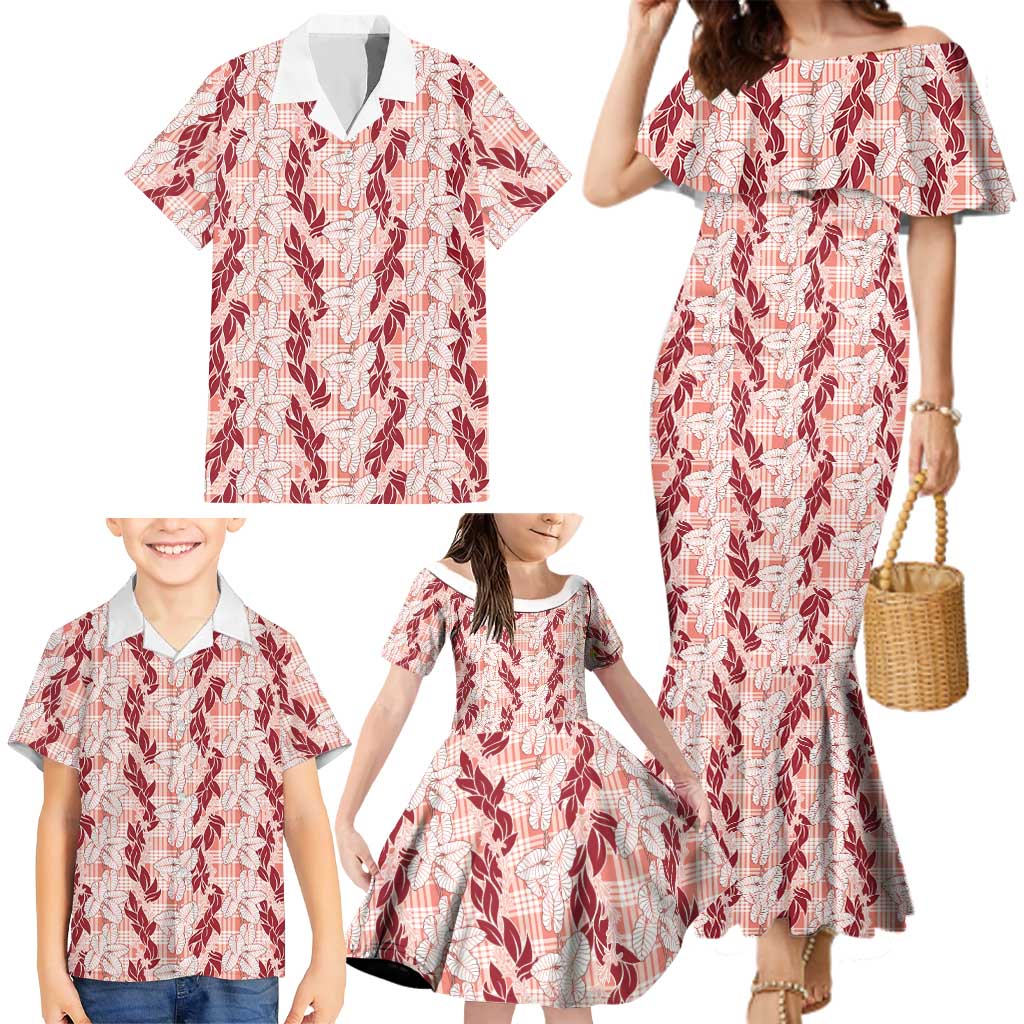 Hawaii Ti Leaf Maile Tuberose Lei Family Matching Mermaid Dress and Hawaiian Shirt With Hanalei Leaf Red