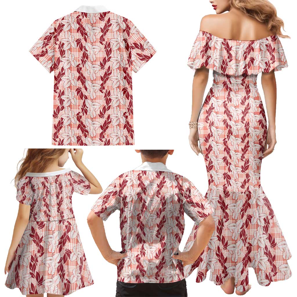 Hawaii Ti Leaf Maile Tuberose Lei Family Matching Mermaid Dress and Hawaiian Shirt With Hanalei Leaf Red