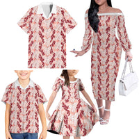 Hawaii Ti Leaf Maile Tuberose Lei Family Matching Off The Shoulder Long Sleeve Dress and Hawaiian Shirt With Hanalei Leaf Red LT05 - Polynesian Pride