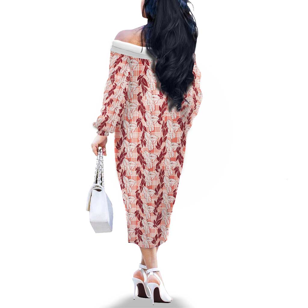 Hawaii Ti Leaf Maile Tuberose Lei Family Matching Off The Shoulder Long Sleeve Dress and Hawaiian Shirt With Hanalei Leaf Red LT05 - Polynesian Pride