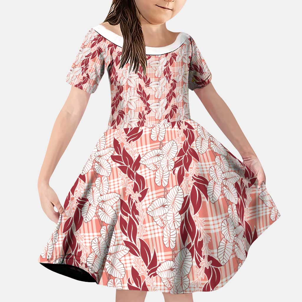 Hawaii Ti Leaf Maile Tuberose Lei Family Matching Off Shoulder Maxi Dress and Hawaiian Shirt With Hanalei Leaf Red