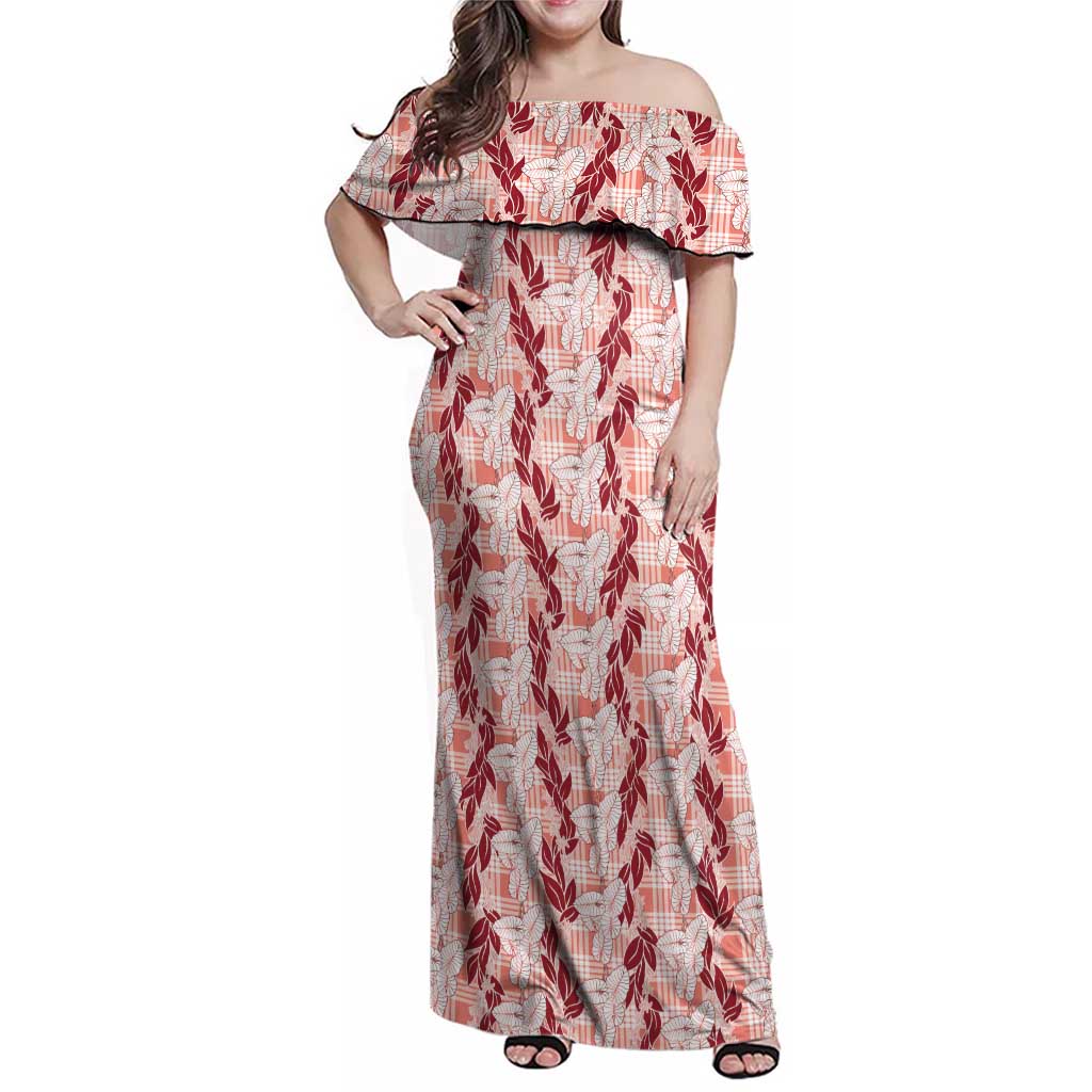 Hawaii Ti Leaf Maile Tuberose Lei Family Matching Off Shoulder Maxi Dress and Hawaiian Shirt With Hanalei Leaf Red