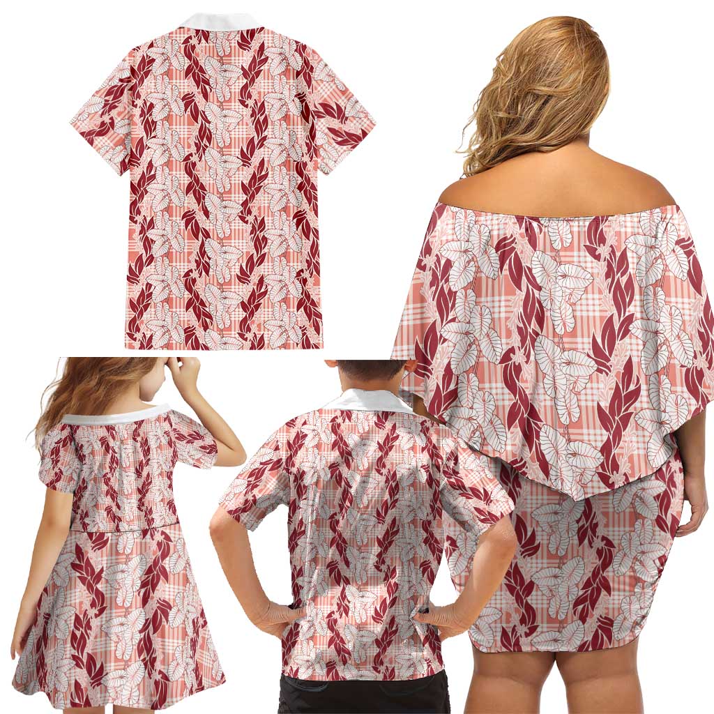 Hawaii Ti Leaf Maile Tuberose Lei Family Matching Off Shoulder Short Dress and Hawaiian Shirt With Hanalei Leaf Red