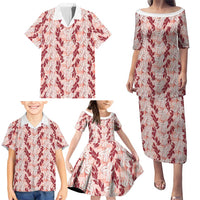 Hawaii Ti Leaf Maile Tuberose Lei Family Matching Puletasi and Hawaiian Shirt With Hanalei Leaf Red