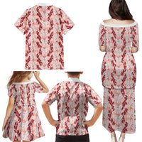 Hawaii Ti Leaf Maile Tuberose Lei Family Matching Puletasi and Hawaiian Shirt With Hanalei Leaf Red