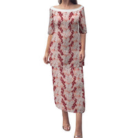 Hawaii Ti Leaf Maile Tuberose Lei Family Matching Puletasi and Hawaiian Shirt With Hanalei Leaf Red