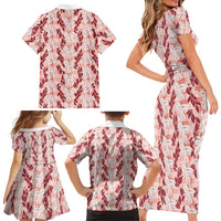 Hawaii Ti Leaf Maile Tuberose Lei Family Matching Short Sleeve Bodycon Dress and Hawaiian Shirt With Hanalei Leaf Red