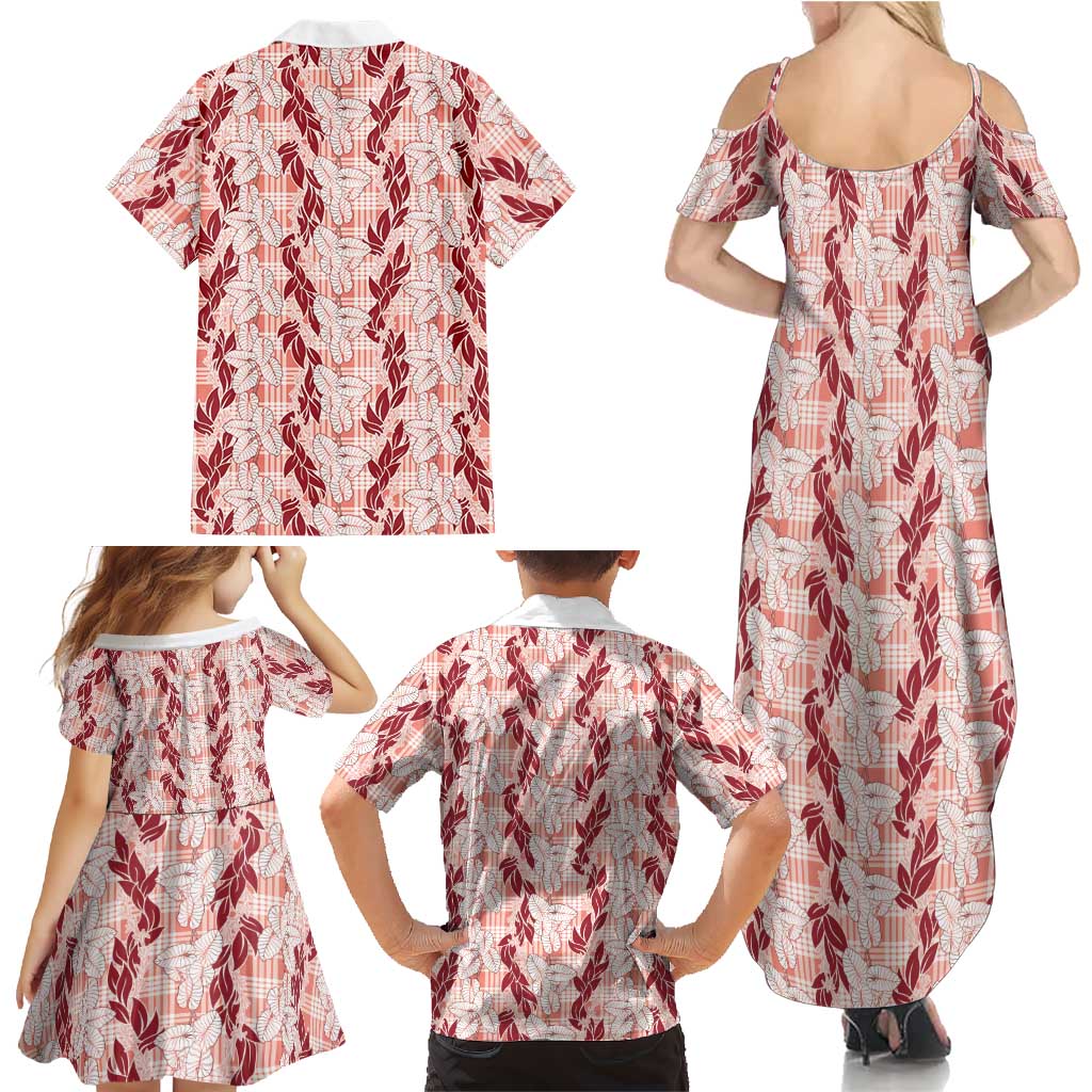 Hawaii Ti Leaf Maile Tuberose Lei Family Matching Summer Maxi Dress and Hawaiian Shirt With Hanalei Leaf Red
