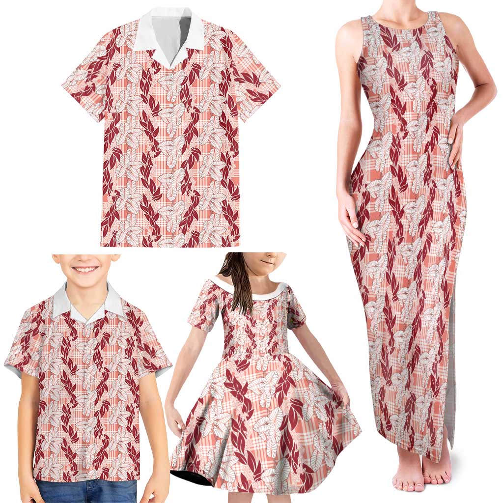 Hawaii Ti Leaf Maile Tuberose Lei Family Matching Tank Maxi Dress and Hawaiian Shirt With Hanalei Leaf Red