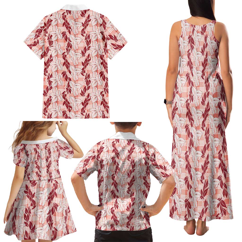 Hawaii Ti Leaf Maile Tuberose Lei Family Matching Tank Maxi Dress and Hawaiian Shirt With Hanalei Leaf Red