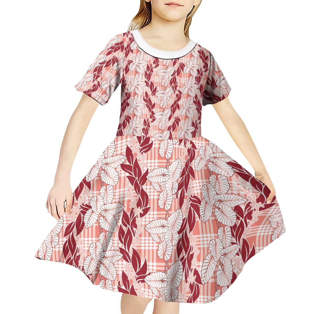 Hawaii Ti Leaf Maile Tuberose Lei Kid Short Sleeve Dress With Hanalei Leaf Red