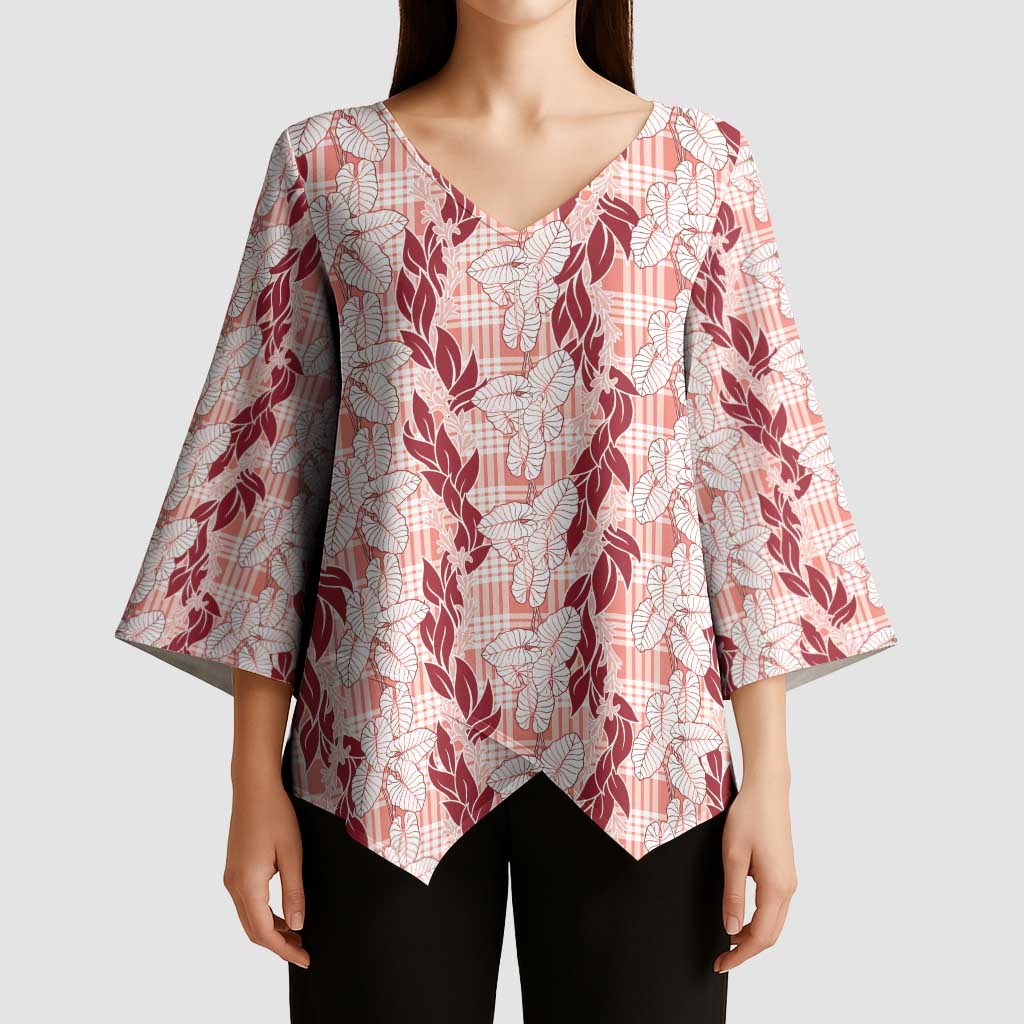 Hawaii Ti Leaf Maile Tuberose Lei Kimono Sleeve Blouse With Hanalei Leaf Red
