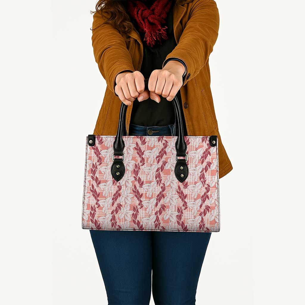 Hawaii Ti Leaf Maile Tuberose Lei Leather Bag With Hanalei Leaf Red