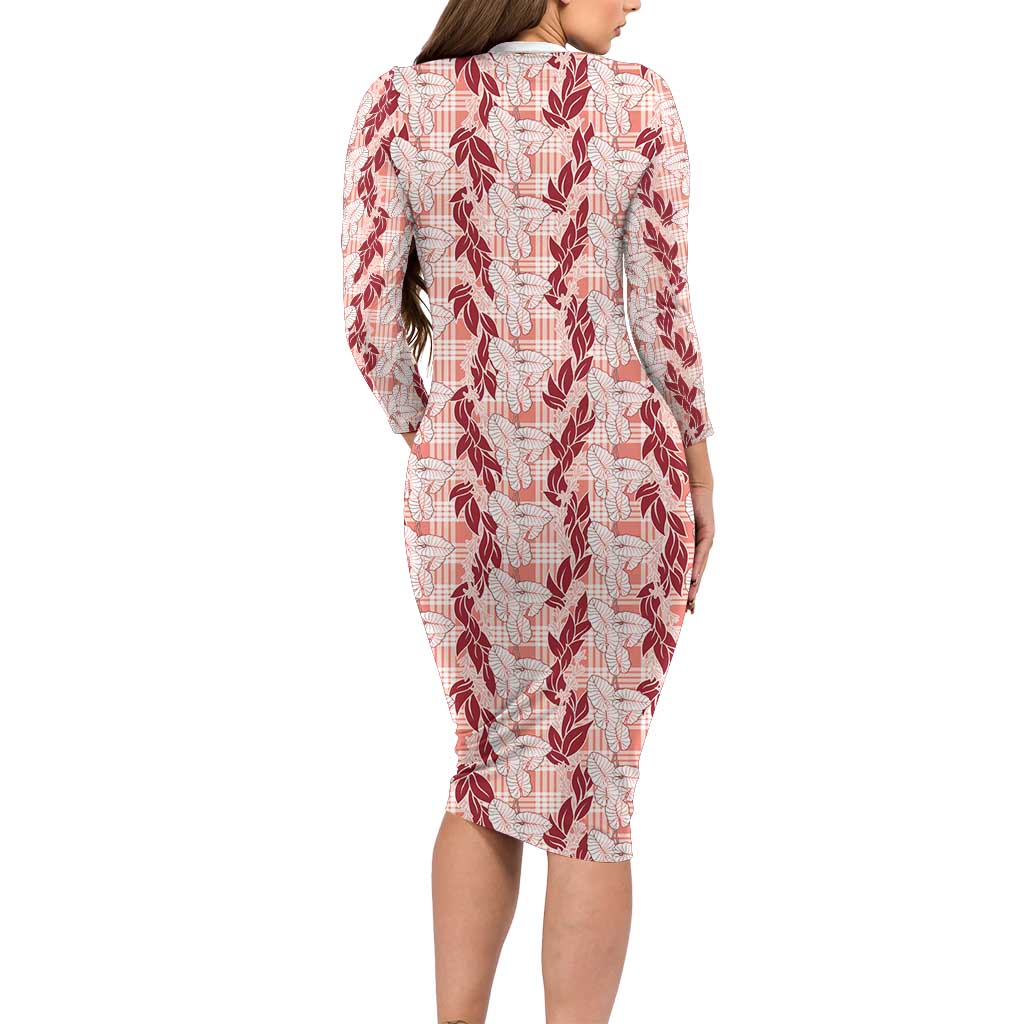 Hawaii Ti Leaf Maile Tuberose Lei Long Sleeve Bodycon Dress With Hanalei Leaf Red