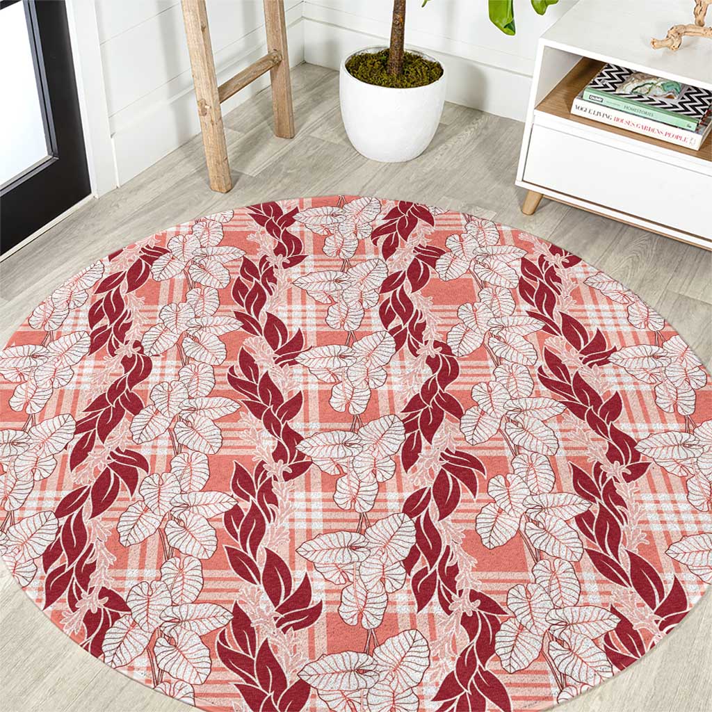 Hawaii Ti Leaf Maile Tuberose Lei Round Carpet With Hanalei Leaf Red