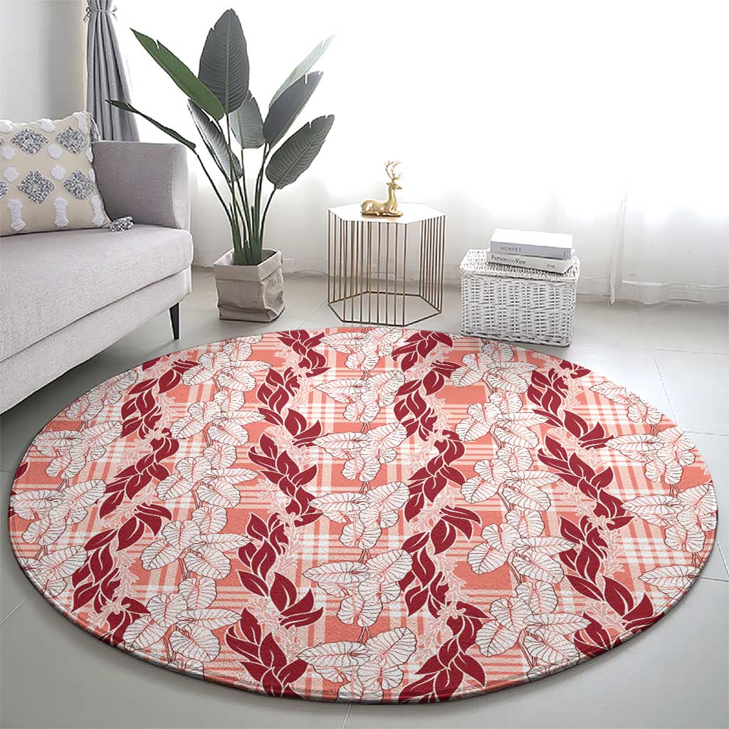 Hawaii Ti Leaf Maile Tuberose Lei Round Carpet With Hanalei Leaf Red
