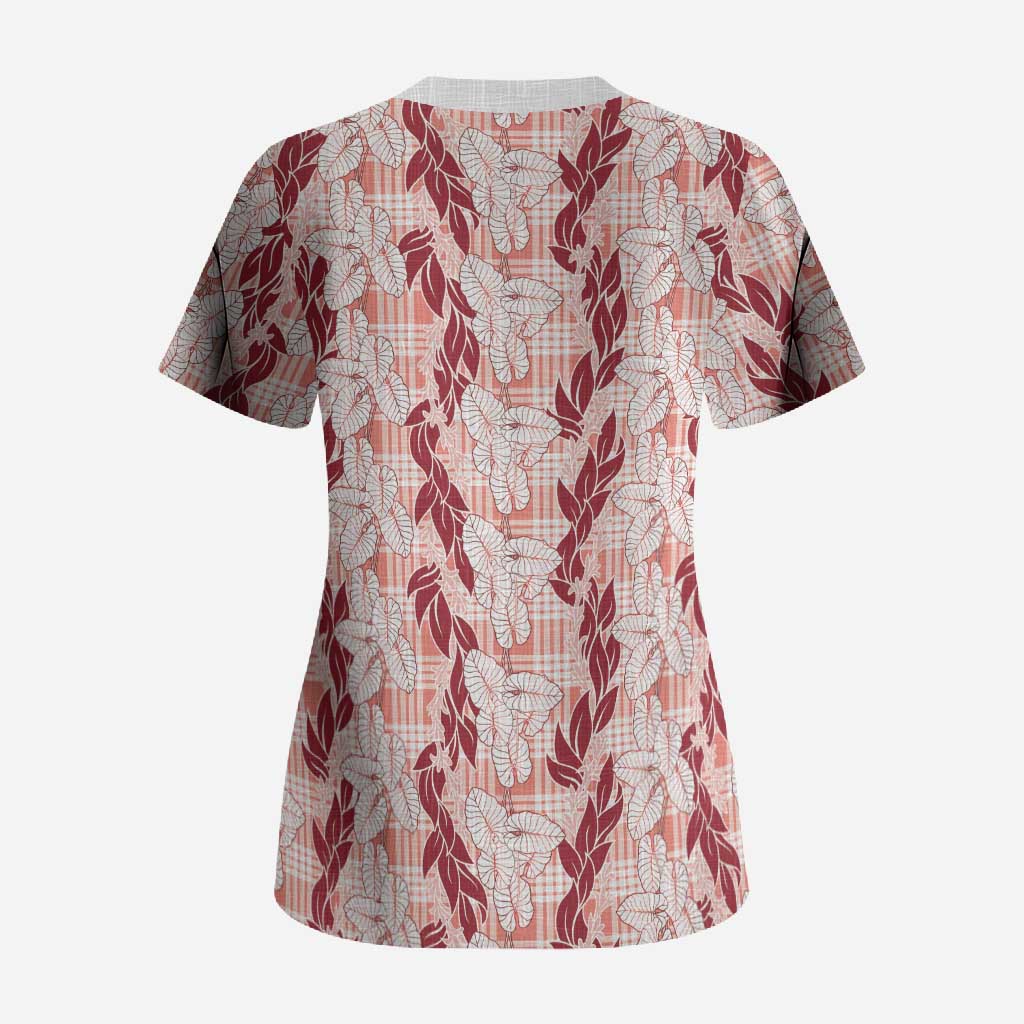 Hawaii Ti Leaf Maile Tuberose Lei Scrub Top With Hanalei Leaf Red