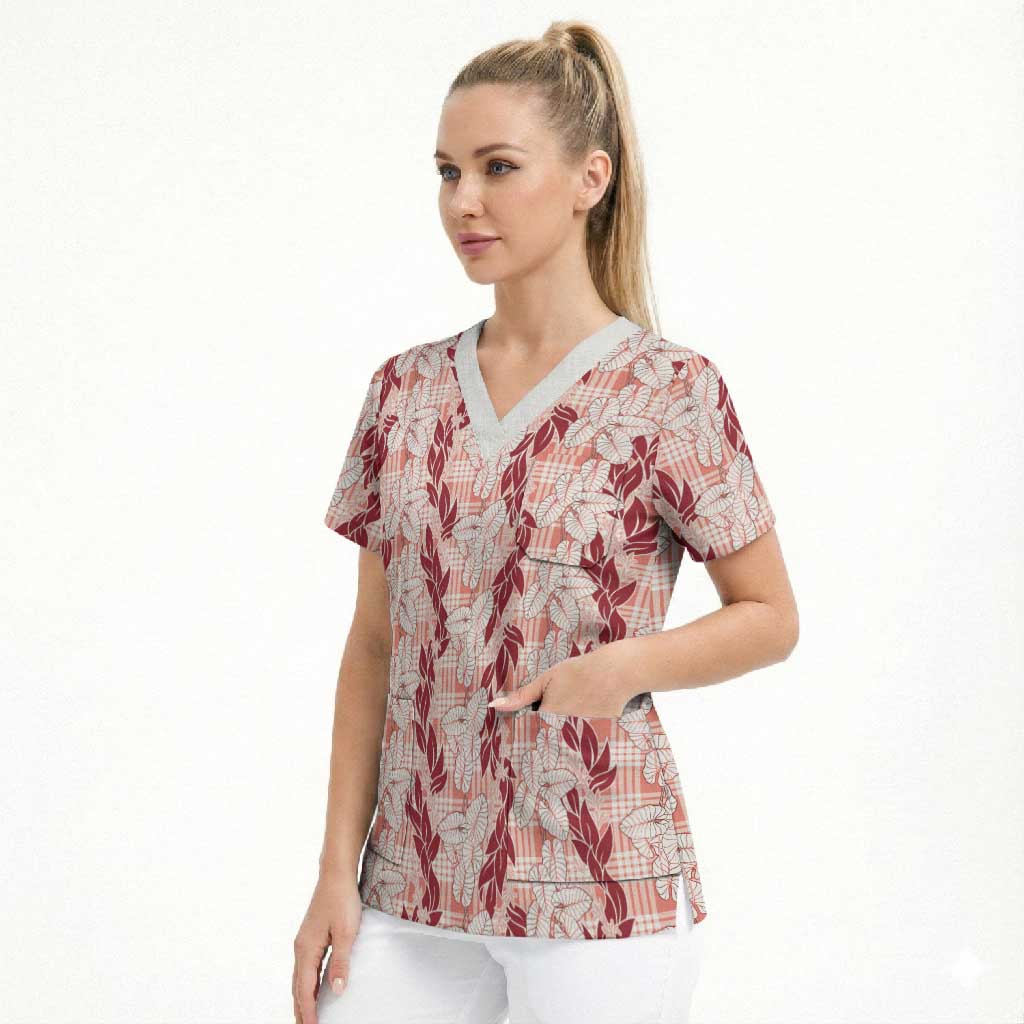 Hawaii Ti Leaf Maile Tuberose Lei Scrub Top With Hanalei Leaf Red