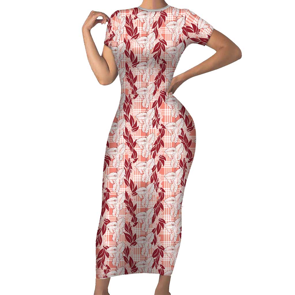 Hawaii Ti Leaf Maile Tuberose Lei Short Sleeve Bodycon Dress With Hanalei Leaf Red