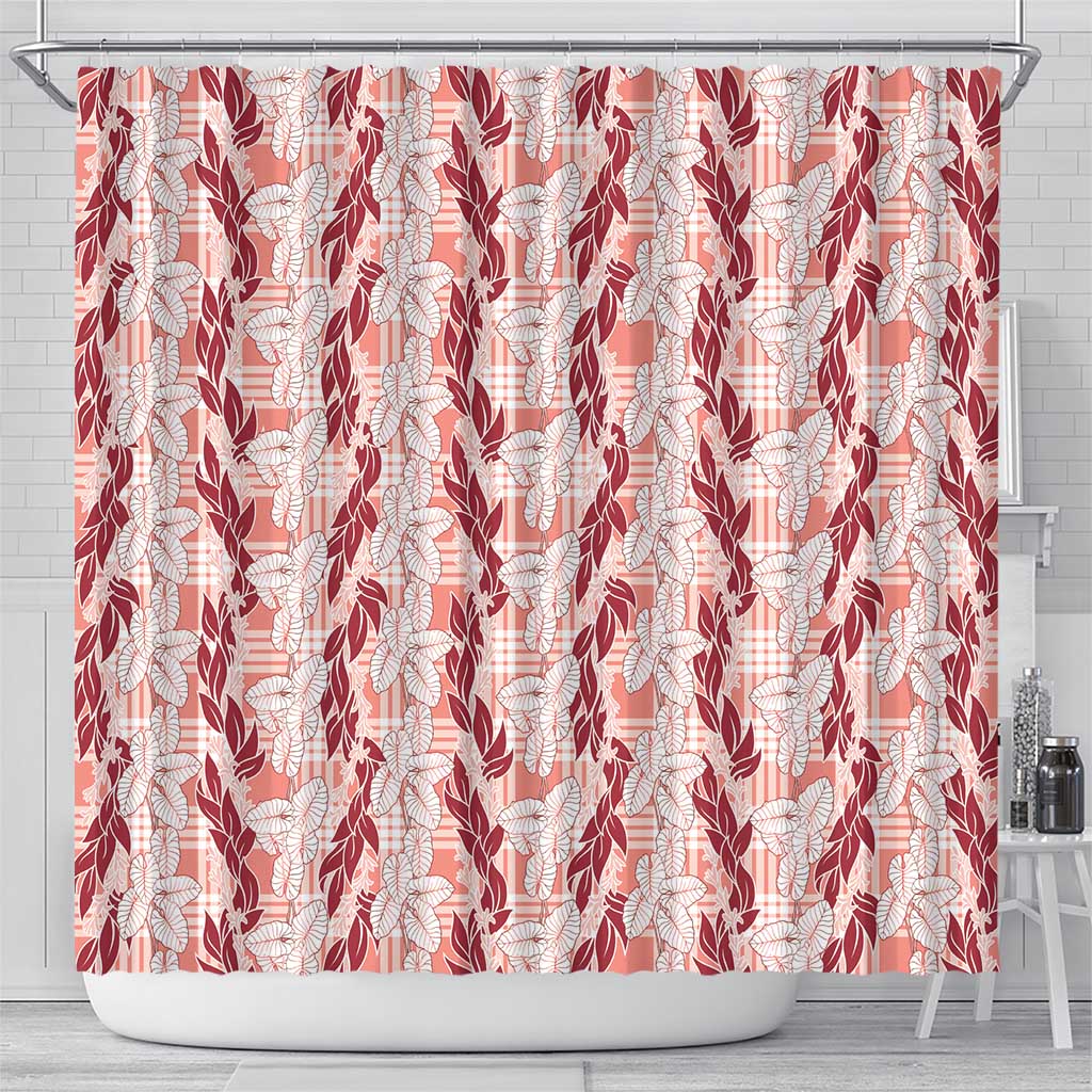Hawaii Ti Leaf Maile Tuberose Lei Shower Curtain With Hanalei Leaf Red