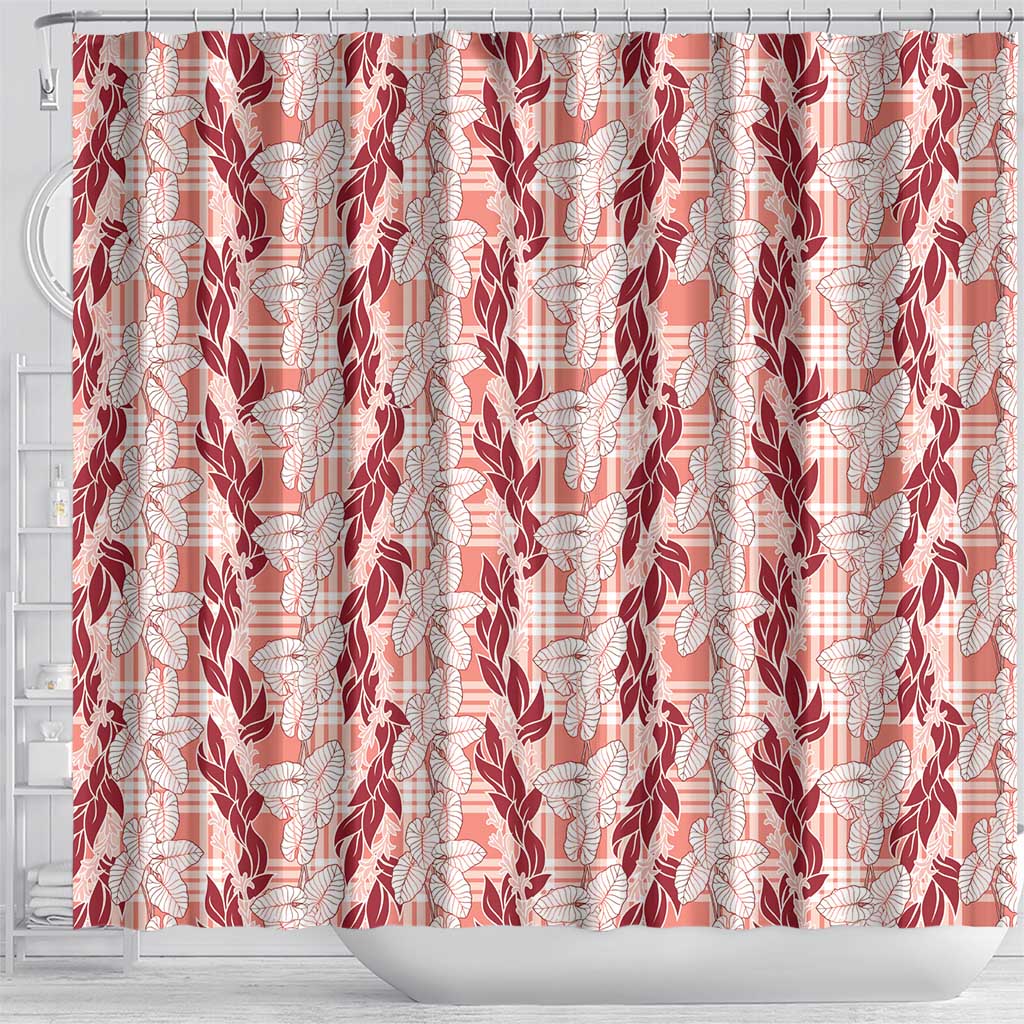 Hawaii Ti Leaf Maile Tuberose Lei Shower Curtain With Hanalei Leaf Red