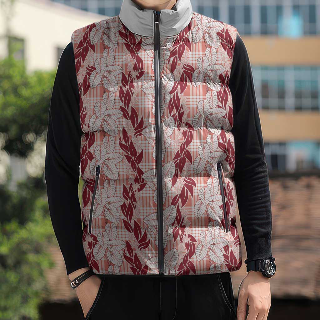 Hawaii Ti Leaf Maile Tuberose Lei Sleeveless Puffer Jacket With Hanalei Leaf Red