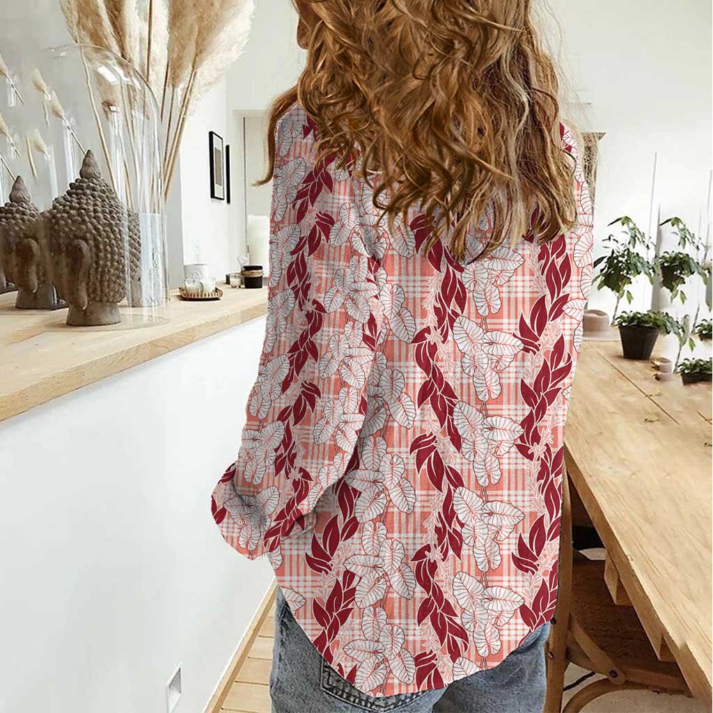 Hawaii Ti Leaf Maile Tuberose Lei Women Casual Shirt With Hanalei Leaf Red