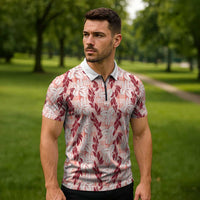Hawaii Ti Leaf Maile Tuberose Lei Zipper Polo Shirt With Hanalei Leaf Red