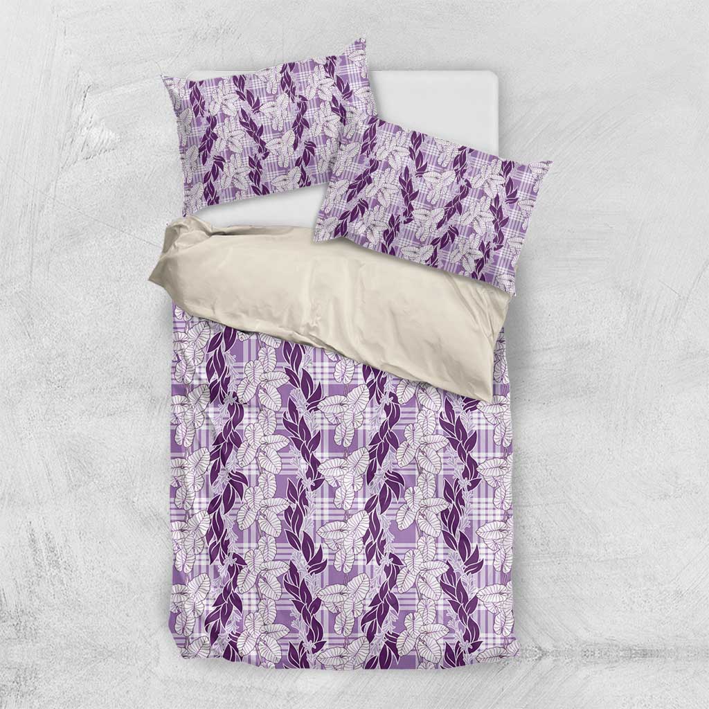 Hawaii Ti Leaf Maile Tuberose Lei Bedding Set With Hanalei Leaf Purple