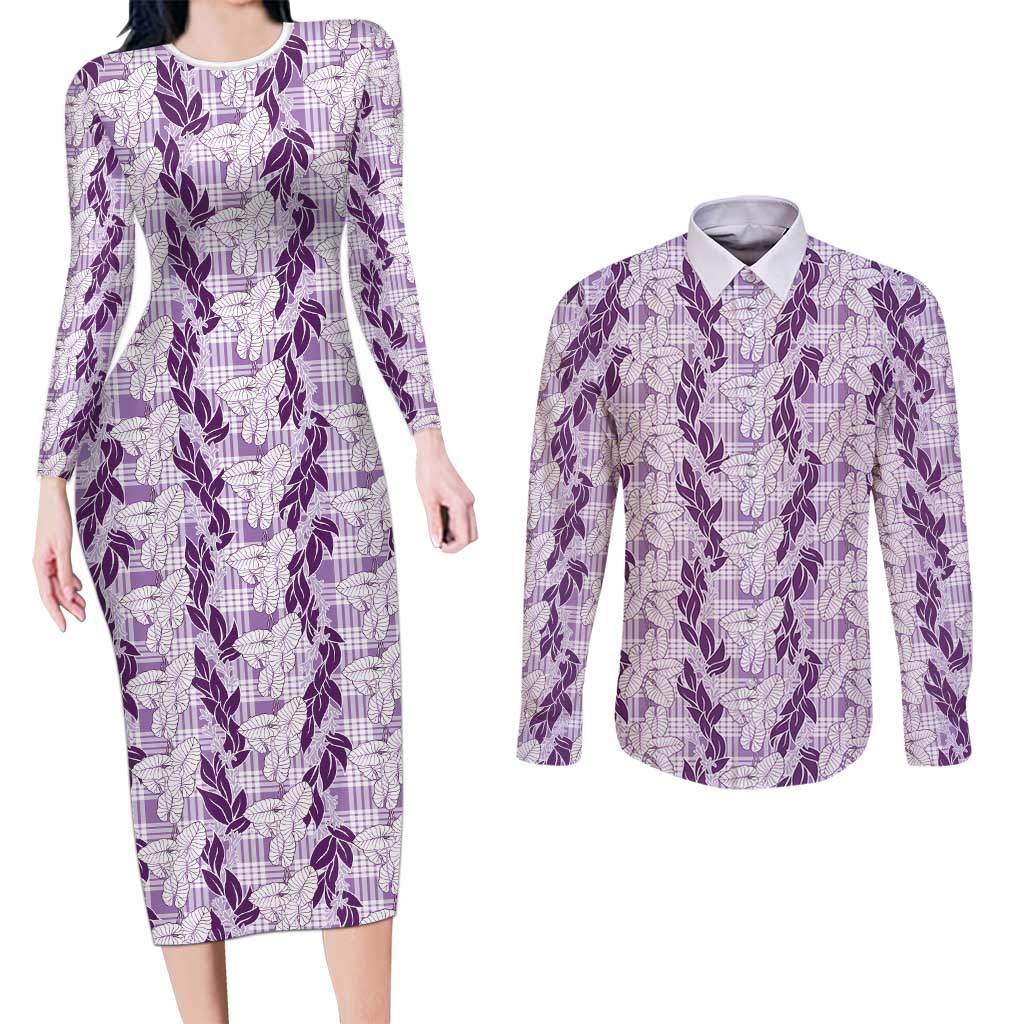 Hawaii Ti Leaf Maile Tuberose Lei Couples Matching Long Sleeve Bodycon Dress and Long Sleeve Button Shirt With Hanalei Leaf Purple