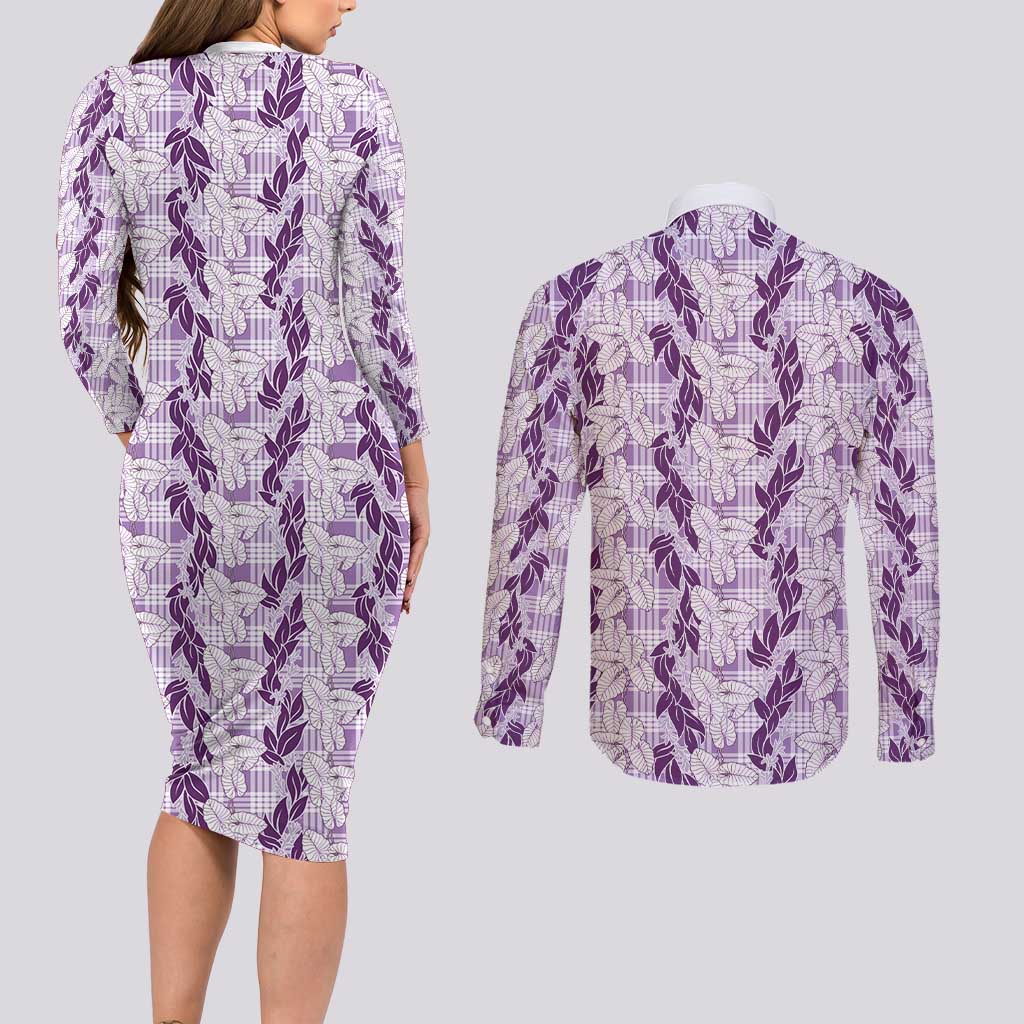 Hawaii Ti Leaf Maile Tuberose Lei Couples Matching Long Sleeve Bodycon Dress and Long Sleeve Button Shirt With Hanalei Leaf Purple