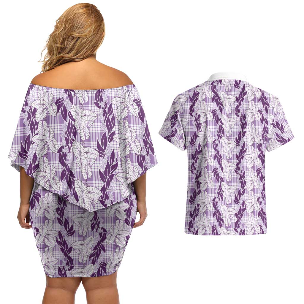 Hawaii Ti Leaf Maile Tuberose Lei Couples Matching Off Shoulder Short Dress and Hawaiian Shirt With Hanalei Leaf Purple