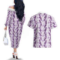 Hawaii Ti Leaf Maile Tuberose Lei Couples Matching Off The Shoulder Long Sleeve Dress and Hawaiian Shirt With Hanalei Leaf Purple