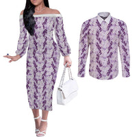 Hawaii Ti Leaf Maile Tuberose Lei Couples Matching Off The Shoulder Long Sleeve Dress and Long Sleeve Button Shirt With Hanalei Leaf Purple