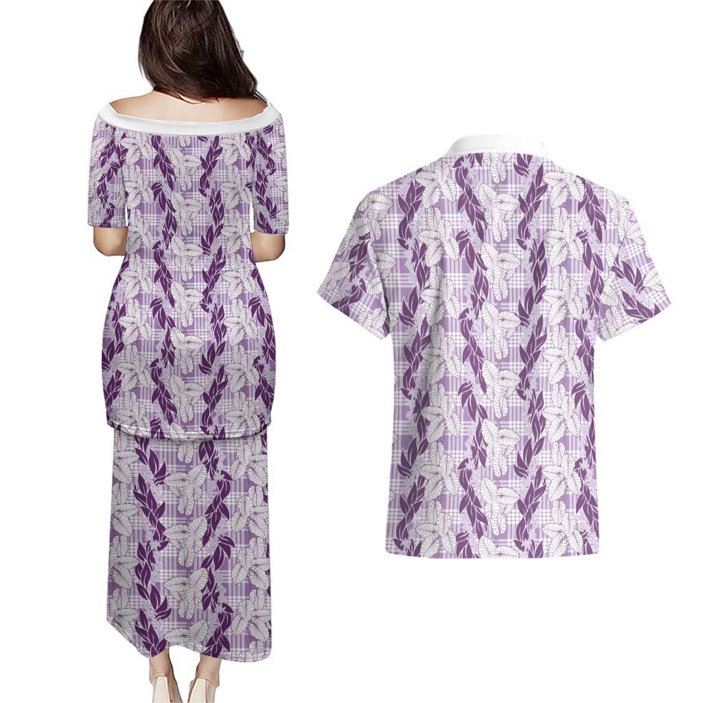 Hawaii Ti Leaf Maile Tuberose Lei Couples Matching Puletasi and Hawaiian Shirt With Hanalei Leaf Purple